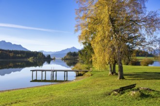 A framed, quiet mountain lake in autumn with footbridge and trees, surrounded by alpine landscape,