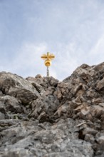 Golden summit cross on the summit of the Zugspitze, Wetterstein range, Bavaria, Germany, Europe