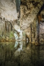 Huge stalactites and underground lake, stalactite cave, Grotta di Nettuno, Neptune Grotto, Capo