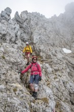 Two mountaineers with helmets climbing on a rock face, ascent to the Ackerlspitze, Wilder Kaiser,