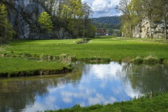 Picturesque valley of the Große Lauter in spring, near Unterwilzingen, Swabian Alb,