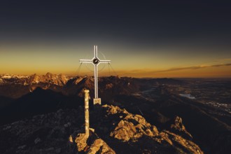 Summit cross, sunrise hiking tour on the Säuling in the Allgäu in Bavaria, Germany, Europe