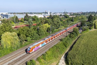 S-Bahn Stuttgart train operated by Deutsche Bahn DB Regio Aerial view in Kornwestheim, Germany,