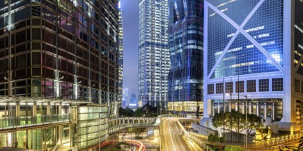 Hong Kong at night traffic with skyscrapers in Central District Panorama in Hong Kong, China, Asia