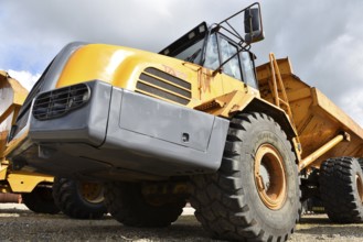 Articulated dumpers, dump trucks on a construction site, Denmark, Europe