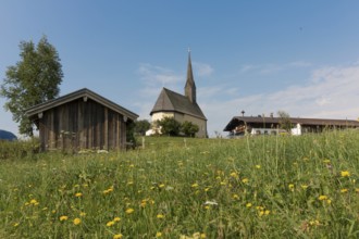 View of the church St. Nikolaus, flower meadow, Einsiedl, Inzell, Bavaria, Germany, Europe