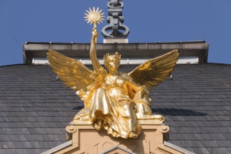 Golden figure, Goddess of Truth on the roof of the Gera Theatre, Thuringia, Germany, Europe