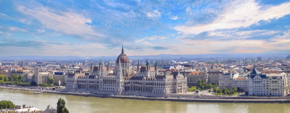 Hungary, panoramic view of the Parliament and Budapest city skyline of historic center, Europe