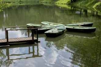 Boats anchored on the Hilschweiher, Edenkobener Tal, Palatinate Forest, Palatinate,