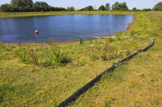 Water pipe leading from farm irrigation lake, Sutton, Suffolk, England, UK