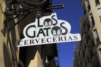 Sign for famous historic Los Gatos Cervecerias bar, Madrid city centre, Spain, Europe