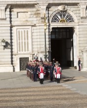 Soldiers in traditional dress uniform, Palacio Real royal palace, Madrid, Spain, Europe