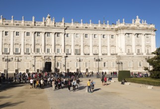 Crowds of tourists in front of Palacio Real royal palace, Madrid, Spain, Europe