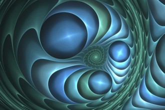 Digital abstract blue and green spiral fractal background on the black