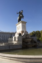 Royal Palace, Plaza de Oriente equestrian statue King Felipe IV designed by Velazquez, Madrid,