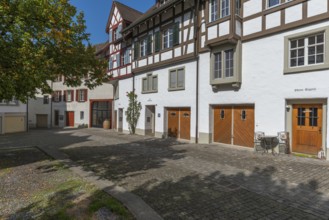 Historic street Fronhof, Stein am Rhein, half-timbered house, house names, cobblestones, Canton