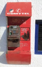 Old disused broken Comytel public telephone booth phone, Almeria, Spain, Europe