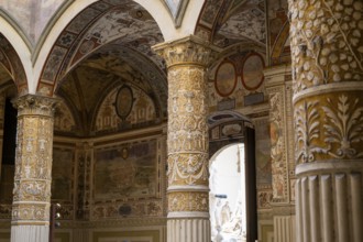 The courtyard of Palazzo Vecchio, Florence, wall paintings, UNESCO World Heritage Site, Tuscany,