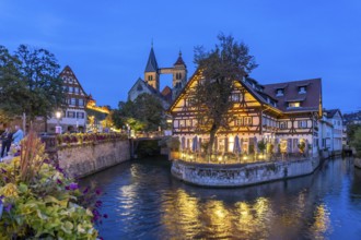 View from the Agnes Bridge to the Roßneckarkanal, half-timbered house with gastronomy and the