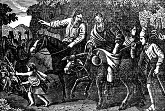 Jacob's return to Canaan, way home, woman, child, horseman, Genesis, Book of Moses, woodcut,