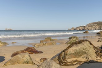 A rocky beach with a large rock in the foreground and a boat in the distance. The beach is quiet