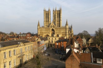 West frontage of Lincoln cathedral church viewed from castle walls, city of Lincoln, Lincolnshire,