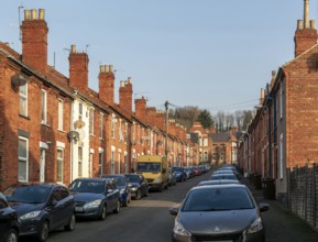 Victorian terraced housing with no front gardens, Grafton Street, inner city of Lincoln,