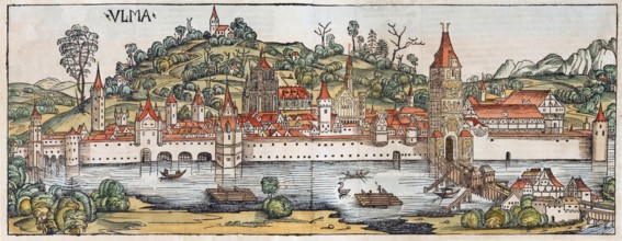 Medieval town view, general view of Ulm or Ulma, Danube, old coloured woodcut, Latin edition, from: