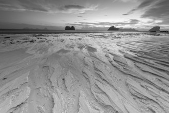 Structures in the sand, sunrise at low tide on the beach of Koh Ngai Island, Andaman Sea, Satun