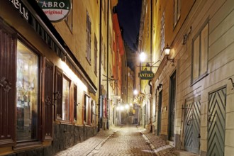 Narrow cobblestones with illuminated shop windows and historic buildings in the evening, winter,