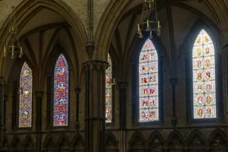 Stained glass windows on nave of cathedral church, Lincoln cathedral, city of Lincoln,