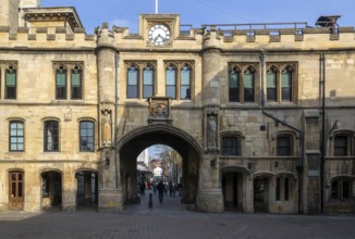 The Stonebow and Guildhall medieval town gate main city High Street, Lincoln, Lincolnshire,