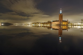 Night city view with illuminated tower and bridges in the background, winter, ice, capital, city