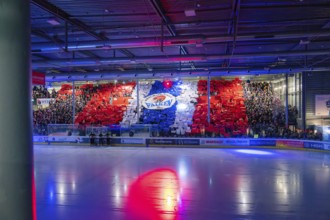 Stadium with ice hockey game and coloured stands in red, blue and white, Heilbronn Falcons vs