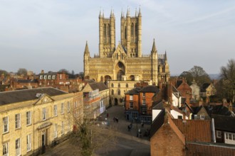 West frontage of Lincoln cathedral church viewed from castle walls, city of Lincoln, Lincolnshire,