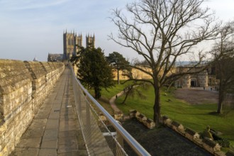 View to cathedral inside castle grounds from medieval wall walk, Lincoln Castle, city of Lincoln,