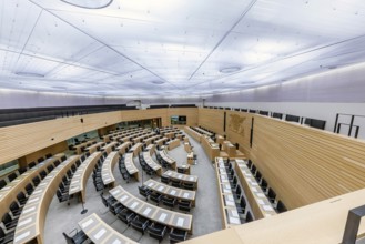 State parliament of Baden-Württemberg. Empty plenary hall, state coat of arms. Stuttgart,