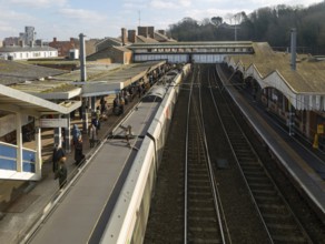 Looking down from above at Greater Anglia train at platforms of Ipswich railway station, Suffolk,