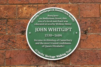 Plaque for John Whitgift 1530-1604, Archbishop of Canterbury, Grimsby, north east Lincolnshire,