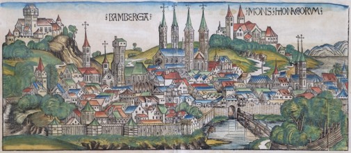 Medieval town view, general view of Bamberg or Bamberga, old coloured woodcut, Latin edition, from: