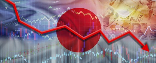 Japan financial crisis on economic graph. Financial fall of Japan on economy market