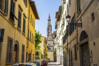 View of a street with Church Santa Croce in Florence, tower, UNESCO World Heritage Site, Tuscany,