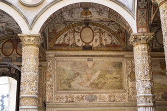 The courtyard of Palazzo Vecchio, Florence, wall paintings, UNESCO World Heritage Site, Tuscany,