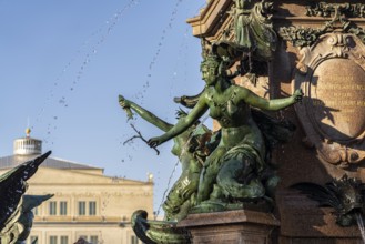 Mendebrunnen fountain in front of the Leipzig Opera on Augustusplatz, Leipzig, Saxony, Germany,