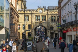 The Stonebow and Guildhall medieval town gate main city High Street, Lincoln, Lincolnshire,