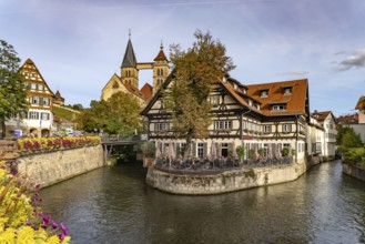 View from the Agnes Bridge to the Roßneckarkanal, half-timbered house with gastronomy and the