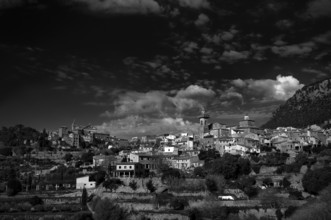 View of the mountain village Valldemossa, church Iglesia de la Cartuja, Real Cartuja (royal