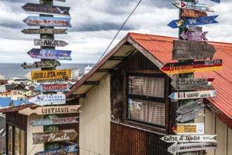 Milemarker at the viewpoint over Punta Arenas, Patagonia, Chile, South America