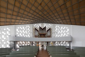 Built in 1963 by Walter and Rainer Blaich, organ loft, wooden ceiling in the shape of a