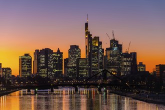 Frankfurt skyline in front of sunset, Frankfurt am Main, Hesse, Germany, Europe